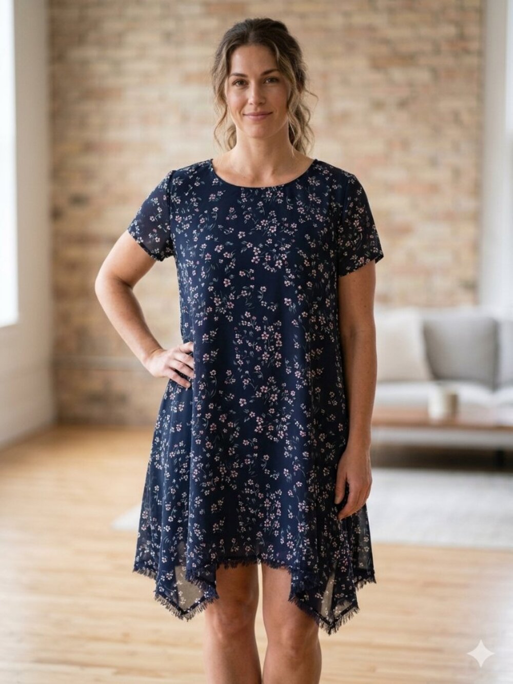 Sadie & Sage Navy Floral Mini Smock Dress Women's XL Boho Flowy Short Sleeve UGC